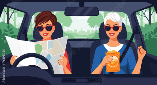 Flat vector of women friends on road trip adventure with car and map, travel, freedom, and laughter illustration