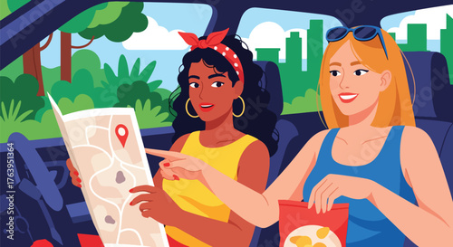 Flat vector of women friends on road trip adventure with car and map, travel, freedom, and laughter illustration