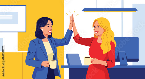 Flat design of women coworkers celebrating success in modern office with high-fives and coffee, teamwork and friendship concept