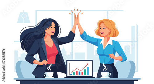 Flat design of women coworkers celebrating success in modern office with high-fives and coffee, teamwork and friendship concept