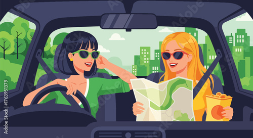 Flat vector of women friends on road trip adventure with car and map, travel, freedom, and laughter illustration