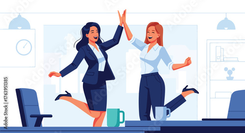 Flat design of women coworkers celebrating success in modern office with high-fives and coffee, teamwork and friendship concept