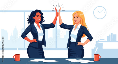 Flat design of women coworkers celebrating success in modern office with high-fives and coffee, teamwork and friendship concept