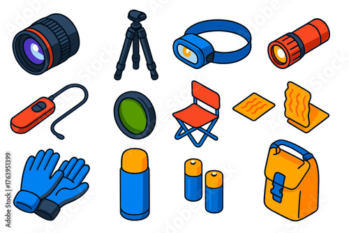 Night Photography Essentials. Isometric vector illustration set Night Photography Tools: fast aperture lens, tripod, headlamp, LED