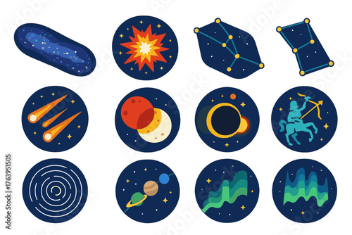 Night Sky Wonders. Isometric vector illustration set Night Sky Observation: Milky Way band, bright supernova, Orion constellation,