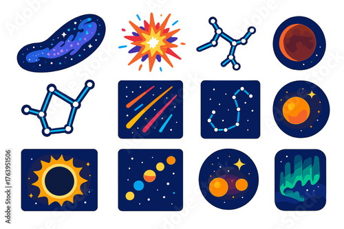 Night Sky Wonders. Isometric vector illustration set Night Sky Observation: Milky Way band, bright supernova, Orion constellation,