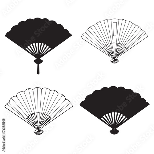 A collection of four hand fans, two open and two closed, isolated on transparent background