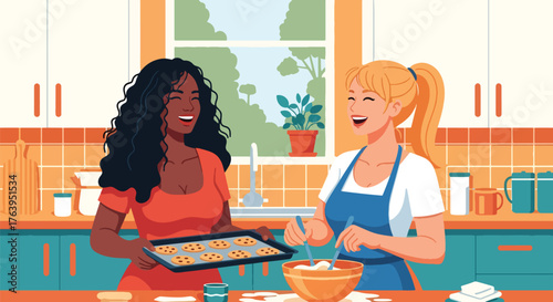 Flat vector of two women baking cookies together in modern kitchen, laughing and sharing stories, friendship and joy theme