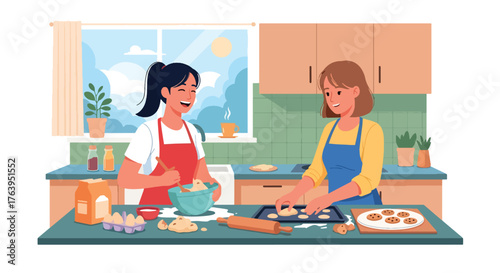 Flat vector of two women baking cookies together in modern kitchen, laughing and sharing stories, friendship and joy theme