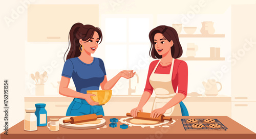 Flat vector of two women baking cookies together in modern kitchen, laughing and sharing stories, friendship and joy theme