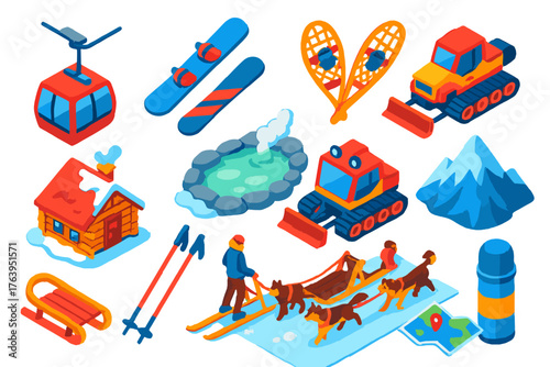 Winter Travel Icons. Isometric vector illustration set Winter Travel Icons: ski lift, snowboard, snowmobile, snowshoes, mountain