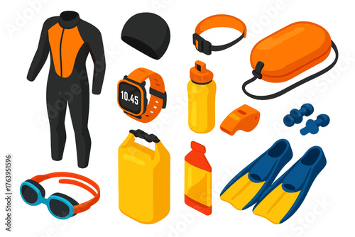 Open Water Swim Essentials. Isometric vector illustration set Open Water Swimming Gear: wetsuit, neoprene swim cap, safety buoy,