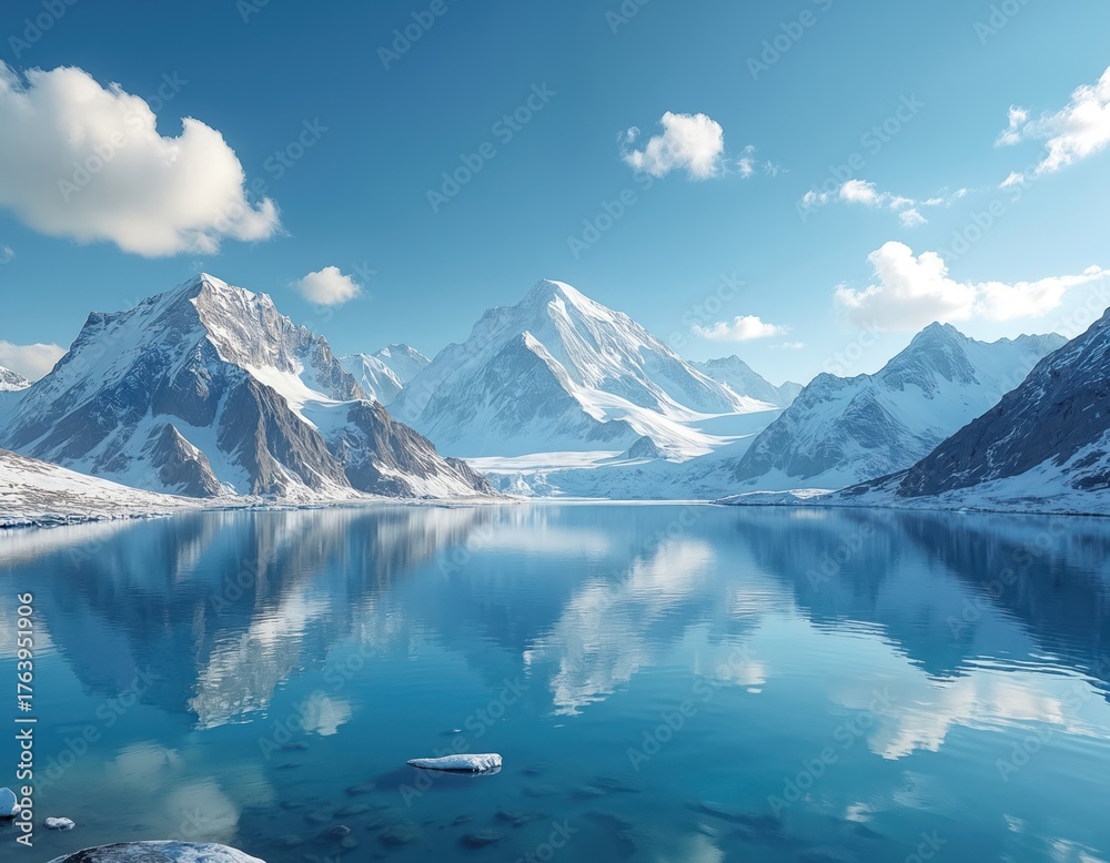 Fototapeta premium Stunning scenic of glacial lake, majestic snowy mountain peaks reflected in calm water. Peaceful winter landscape with blue sky, clouds. Perfect travel, adventure, wilderness background.