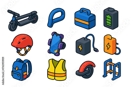 E-Scooter Icon Set. Isometric vector illustration set Foldable E-Scooter Icons: folded scooter, carrying handle, storage bag,