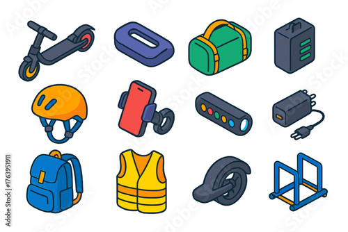 E-Scooter Icon Set. Isometric vector illustration set Foldable E-Scooter Icons: folded scooter, carrying handle, storage bag,