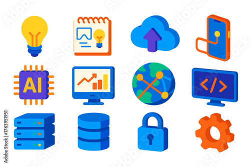 Creative Cloud Icons. Isometric vector illustration set Creative Cloud Solutions Icons: lightbulb, idea sketchpad, cloud upload