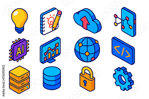 Creative Cloud Icons. Isometric vector illustration set Creative Cloud Solutions Icons: lightbulb, idea sketchpad, cloud upload