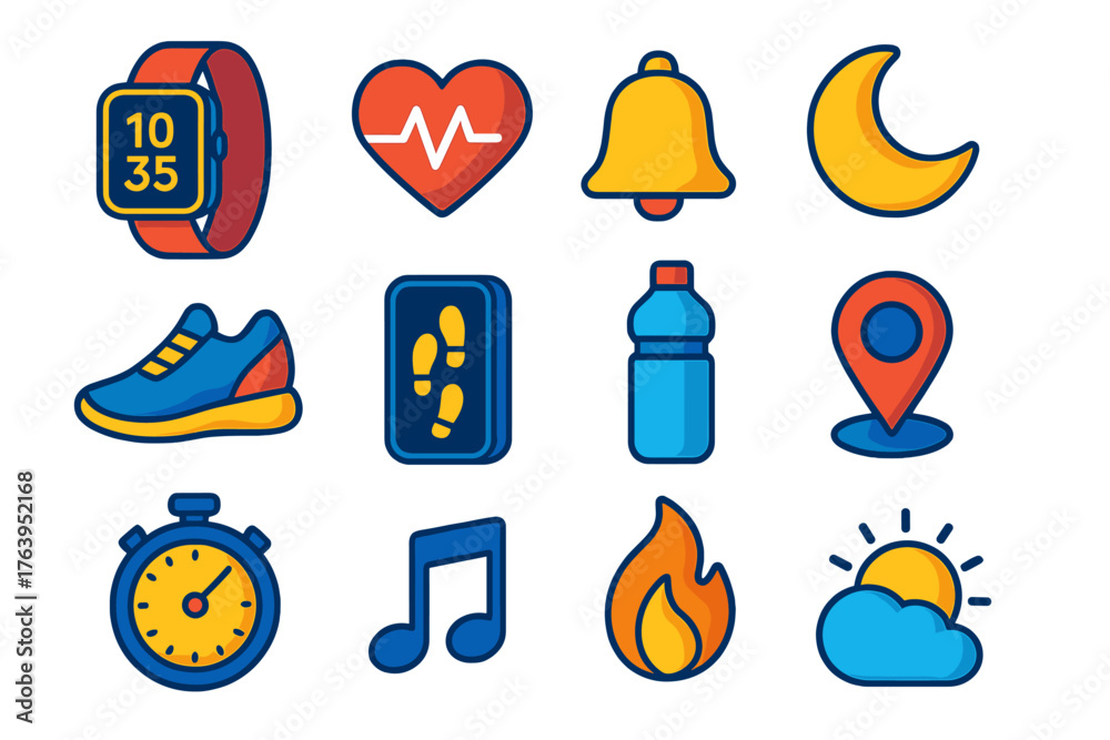 Fototapeta premium Smartwatch Fitness Icons. Isometric vector illustration set Smartwatch Fitness Icons: smartwatch with digital screen, heartbeat
