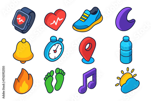 Wearable Tracking Icons. Isometric vector illustration set Wearable Tracking Icons: smartwatch, heart rate, running shoe, moon