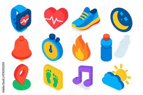 Health Tracking Icons. Isometric vector illustration set Health Tracking Icons: smartwatch, heartbeat, sneaker, night mode, alert
