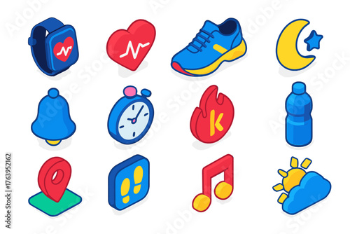 Health Tracking Icons. Isometric vector illustration set Health Tracking Icons: smartwatch, heartbeat, sneaker, night mode, alert