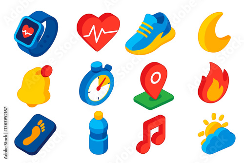 Digital Health Icons. Isometric vector illustration set Digital Health Icons: smartwatch, heartbeat, sports shoe, moon for night