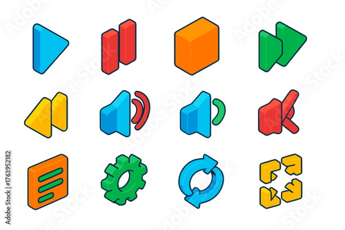 Digital Media Icons. Isometric vector illustration set Digital Media Control Icons: play triangle, pause symbol, stop square,