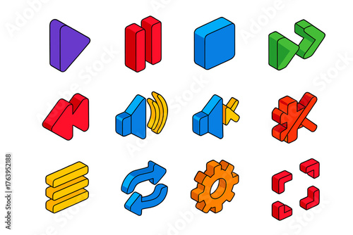 Bright Streaming Icons. Isometric vector illustration set Streaming Player Icons: play icon, pause icon, stop icon, forward arrow,