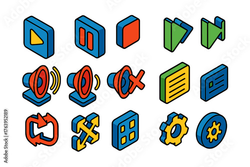 Streaming Control Icons. Isometric vector illustration set Streaming Control Icons: play icon, pause icon, stop button, skip