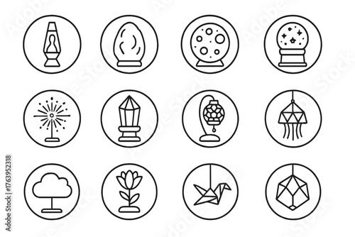 Decorative Lamp Icons. Line style icons of decorative lamps in round shape: lava lamp, salt lamp, moon lamp, star projector;
