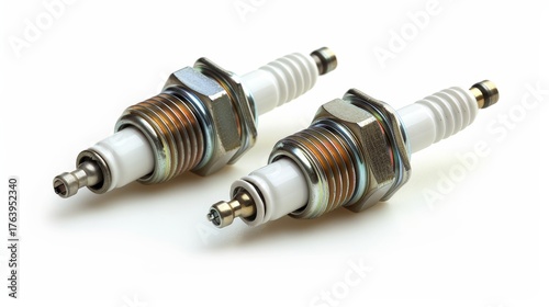 Set of new spark plugs isolated on a clean white background for automotive applications