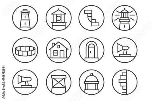 Lighthouse Line Icons. Line style icons of lighthouse structures in round shape: tower base, lantern room, lighthouse stairs,