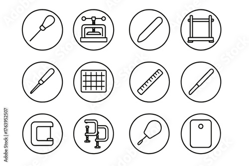 Binding Tools Icons. Line style icons of binding tools in round shape: awl, book press, bone folder, sewing frame; glue brush,
