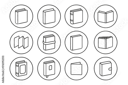 Line Style Book Icons. Line style icons of book types in round shape: hardcover book, softcover book, leather-bound book, coptic