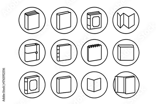 Line Style Book Icons. Line style icons of book types in round shape: hardcover book, softcover book, leather-bound book, coptic
