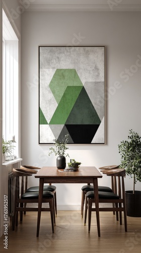 Modern Dining Area With Geometric Art and Natural Elements in a Bright Space