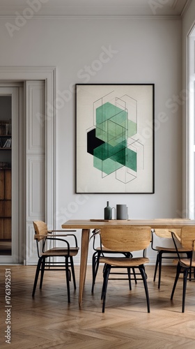 Modern Dining Area With Geometric Art and Natural Elements in a Bright Space