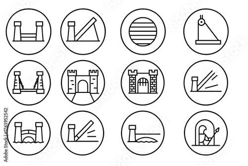 Drawbridge Line Icons. Line style icons of drawbridges in round shape: lowered drawbridge, raised bridge, wooden planks, rope