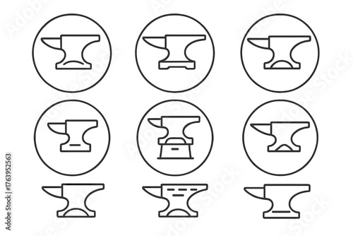 Line Style Anvil Icons. Line style icons of anvils in round shape: classic anvil, double horn anvil, flat top anvil, anvil with