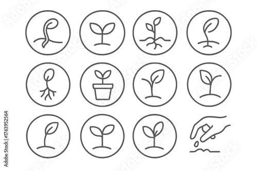 Seedling Line Icons. Line style icons of seedlings in round shape: sprouting seed, small leaf pair, cracked soil sprout, early
