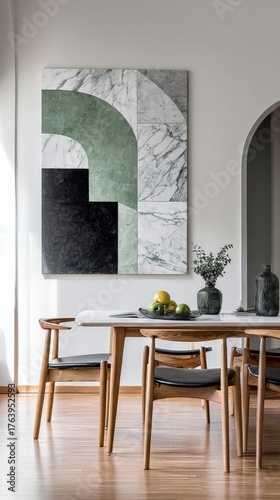 Modern Dining Room With Abstract Wall Art and Minimalistic Decor in a Bright,...