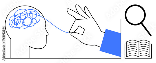 Hand untangling thread inside head, magnifying glass, open book suggest problem-solving, clarity, and learning. Ideal for education, psychology, mental health, research analysis self-improvement