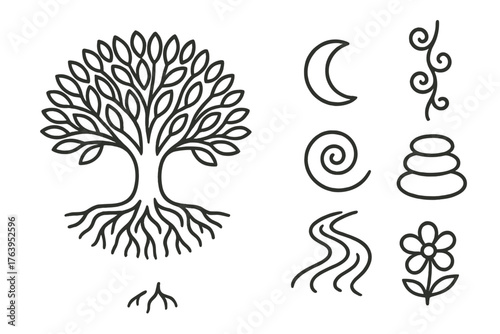 Sacred Tree Symbols. Line style icons of Sacred Tree: Roots, Canopy, Spiral Symbol, Stones, Water Stream, Moon, Vines, Flowers, No