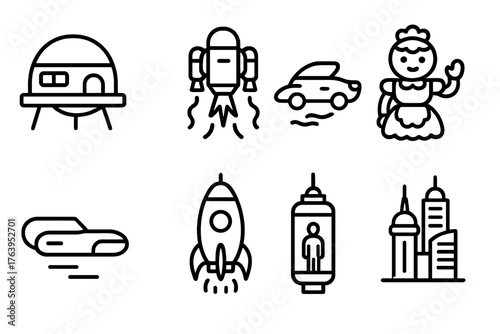 Future Nostalgia Icons. Line style icons of Future Nostalgia: Domed House, Jetpack, Flying Car, Robot Maid, Hoverboard, Rocket