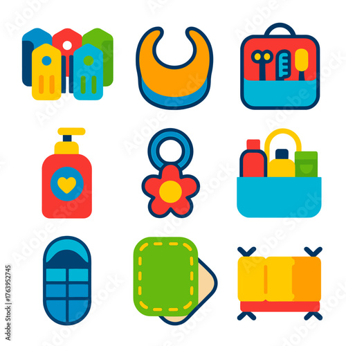 Vibrant Baby Care Icons. Flat vector icons of baby care: foldable playpen fence, adjustable bib with velcro, baby grooming travel