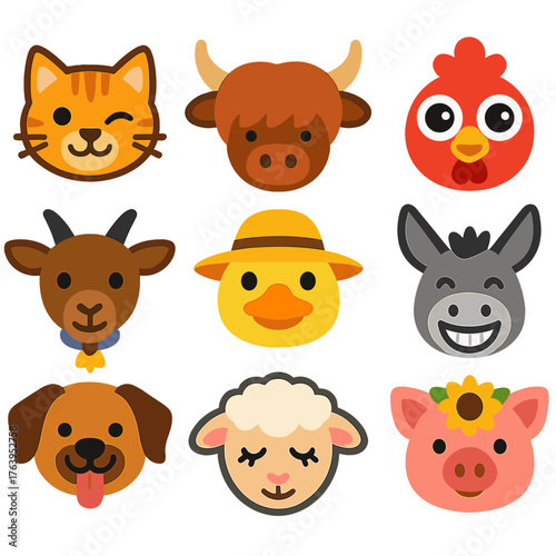 Cute Animal Icons. Flat vector icons of cute farm and domestic animals heads: orange tabby with wink, highland cow with fringe,