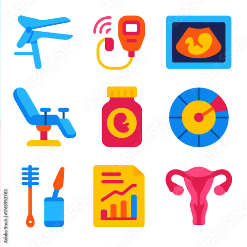 Gynecological Icons Set. Flat vector icons of gynecological and obstetric tools: speculum instrument icon, fetal Doppler symbol,