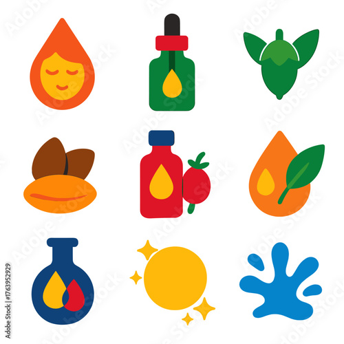 Facial Oil Icons. Flat vector icons of facial oil skincare: face oil drop icon, glass dropper bottle, jojoba oil symbol, argan oil