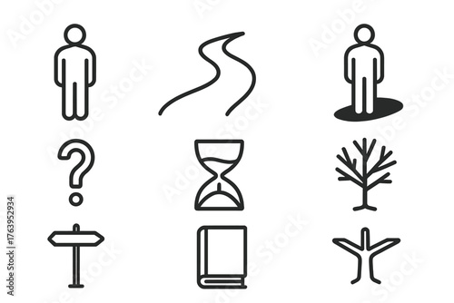 Existential Icons. Line style icons of Existentialism: Person, Path, Shadow, Question Mark, Hourglass, Tree, Crossroads, Book, No