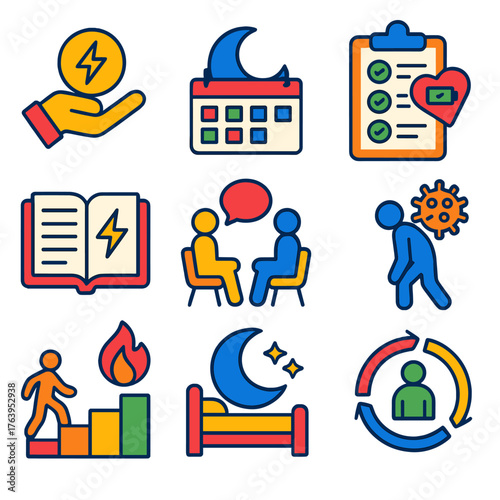 Fatigue Management Icons. Flat vector icons of long-term fatigue management: energy budgeting icon, weekly rest plan, recovery